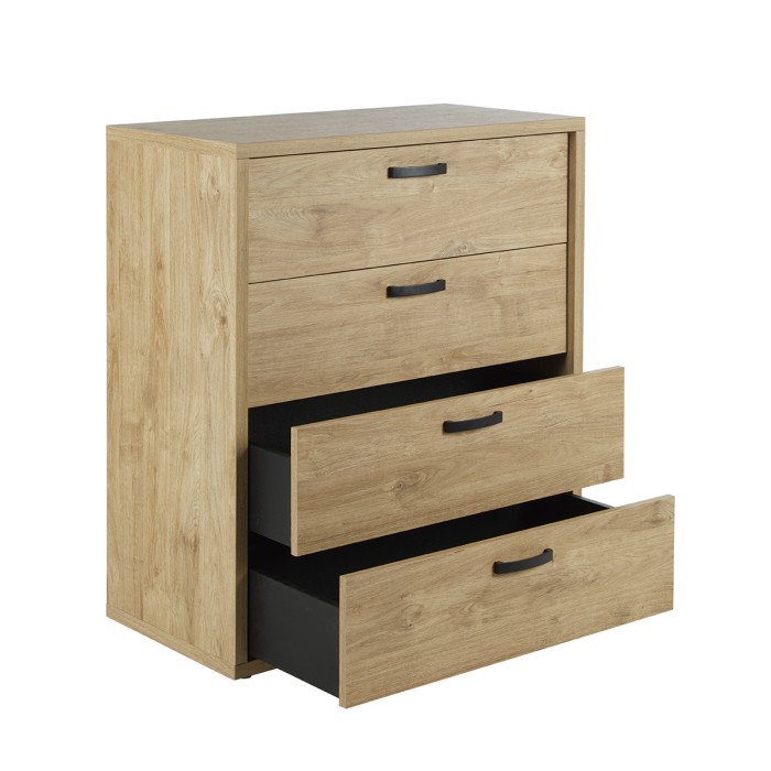 Chambre à coucher collection MORGANE : armoire 250 cm, lit avec applique 140x200, commode, chevets, chêne doré et noir