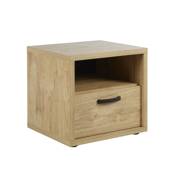 Chambre à coucher collection MORGANE : armoire 250 cm, lit avec applique 140x200, commode, chevets, chêne doré et noir