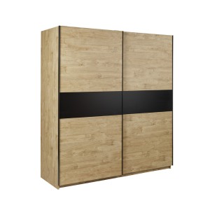 Chambre à coucher collection MORGANE : armoire 200 cm, lit avec applique 160x200, commode, chevets, chêne doré et noir