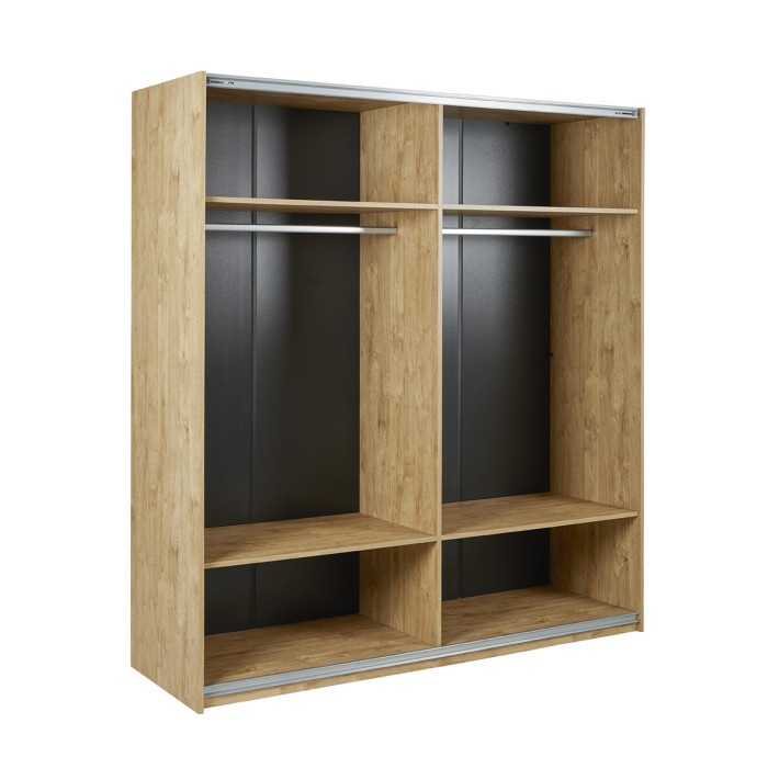 Chambre à coucher collection MORGANE : armoire 200 cm, lit avec applique 160x200, commode, chevets, chêne doré et noir