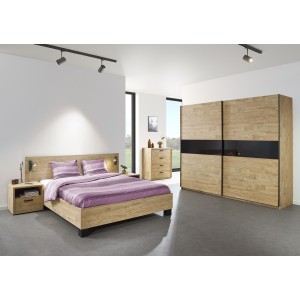 Chambre à coucher collection MORGANE : armoire 250 cm, lit avec applique 180x200, commode, chevets, chêne doré et noir