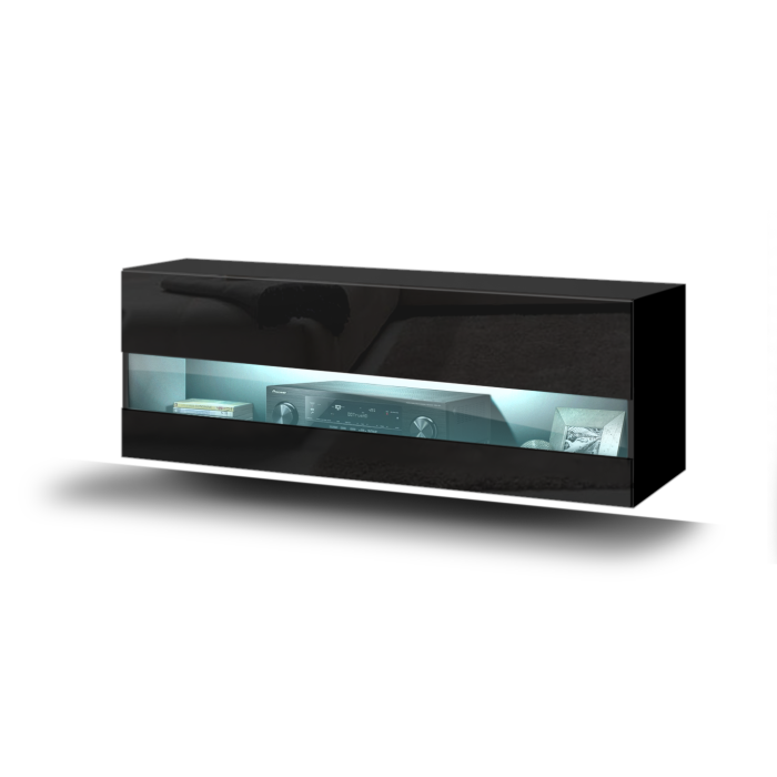 Meuble de salon noir collection CEPTO 37x91cm, 1 porte avec vitre, 2 étagères.