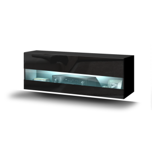 Meuble de salon noir collection CEPTO 37x91cm, 1 porte avec vitre, 2 étagères.