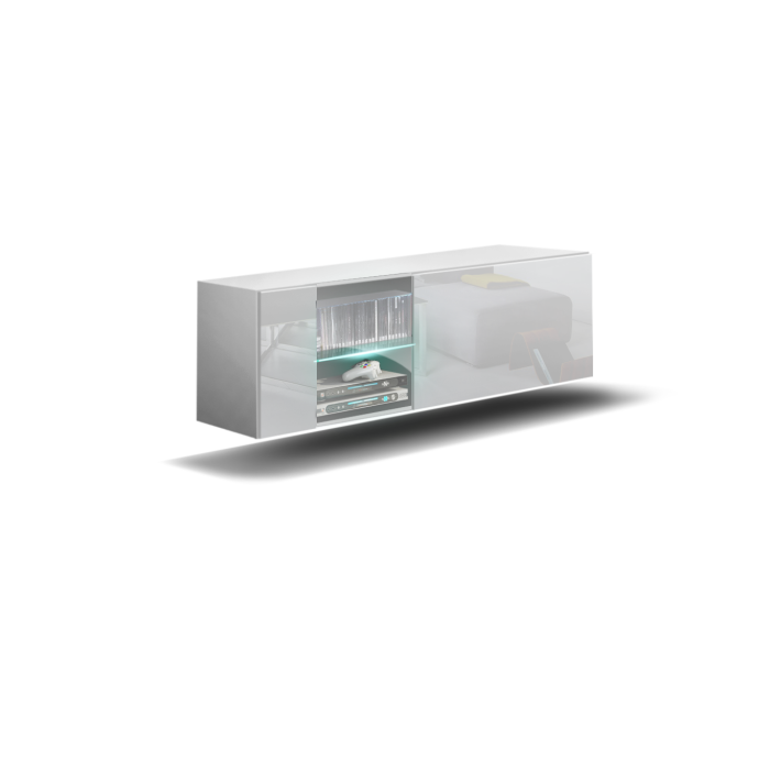 Meuble de salon blanc collection CEPTO 37x91cm, 1 porte, 2 étagères, 2 niches.