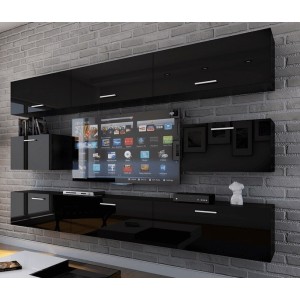 Ensemble de meubles de salon noir suspendus collection CEPTO 249cm, 8 portes, leds