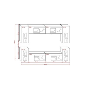 Ensemble de meubles de salon blanc suspendus collection CEPTO 256cm, 8 portes, 6 étagères, leds.