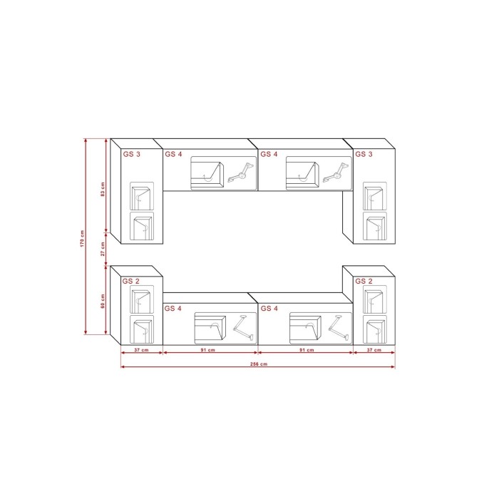 Ensemble de meubles de salon noir suspendus collection CEPTO 256cm, 8 portes, 6 étagères, leds, modulables.