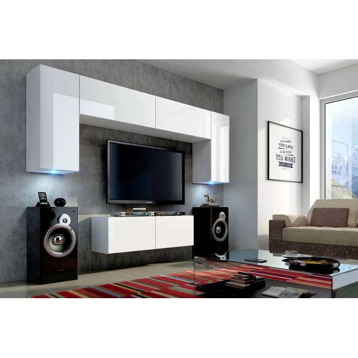 Ensemble de meubles de salon blanc suspendus collection CEPTO 256cm, 6 portes, 2 étagères, leds, modulables.