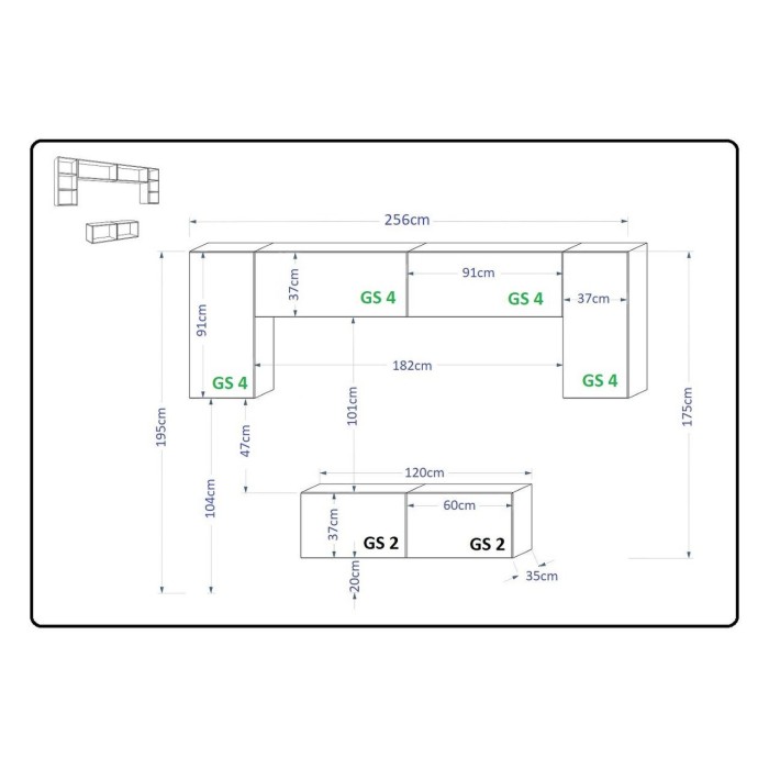 Ensemble de meubles de salon noir suspendus collection CEPTO 256cm, 6 portes, 4 étagères, leds, modulables.