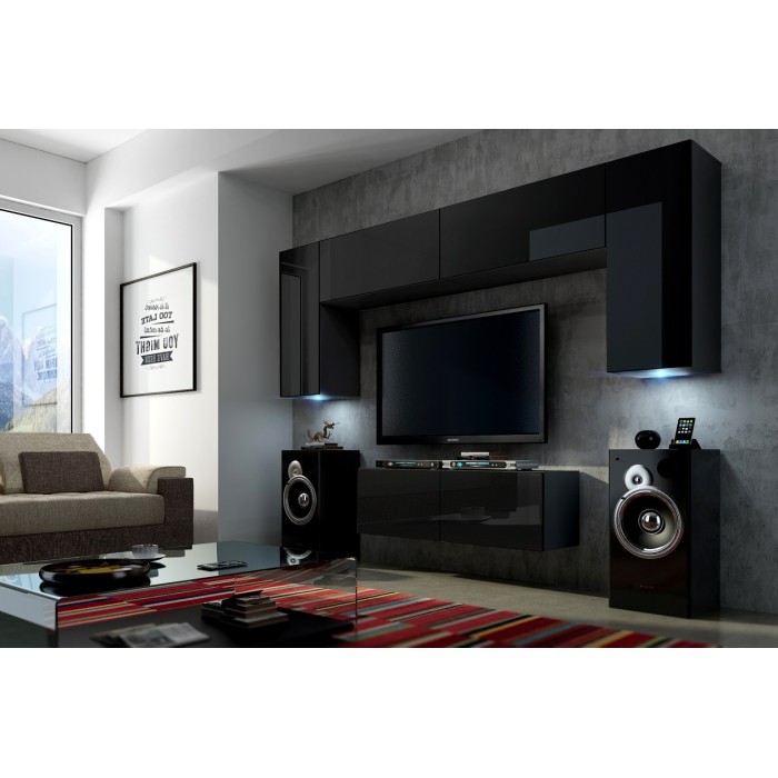 Ensemble de meubles de salon noir suspendus collection CEPTO 256cm, 6 portes, 4 étagères, leds, modulables.