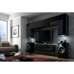 Ensemble de meubles de salon noir suspendus collection CEPTO 256cm, 6 portes, 4 étagères, leds, modulables.