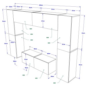 Ensemble de meubles de salon blanc suspendus collection CEPTO 256cm, 8 portes, 8 étagères, leds, modulables.