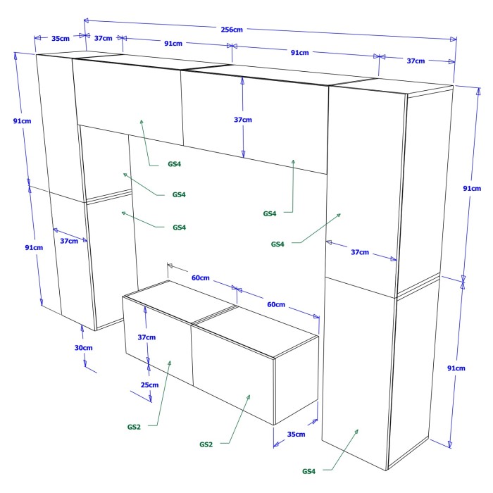 Ensemble de meubles de salon noir suspendus collection CEPTO 256cm, 8 portes, 8 étagères, leds, modulables.