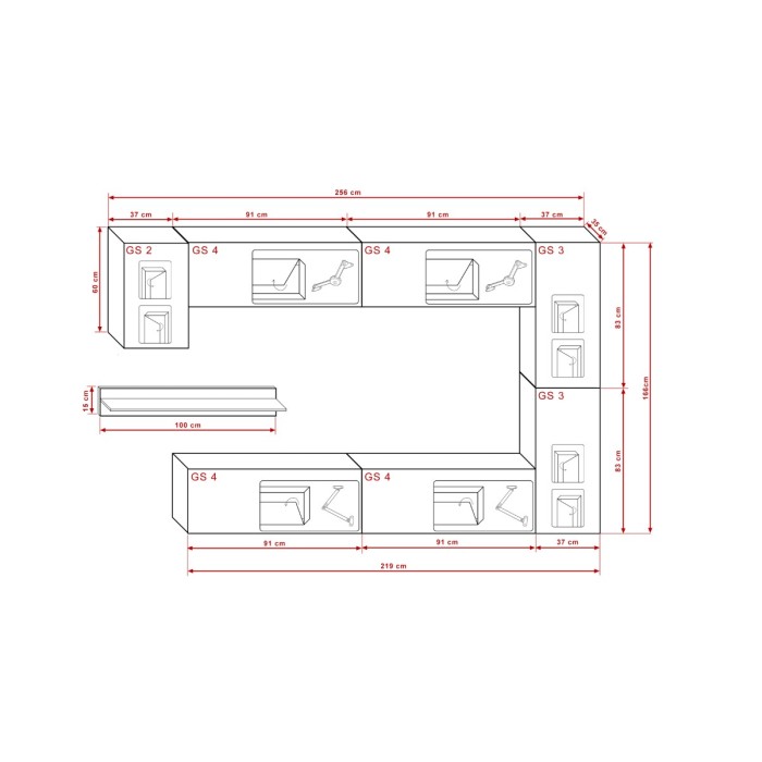 Ensemble de meubles de salon noir suspendus collection CEPTO 256cm, 7 portes, 6 étagères dont une murale, leds, modulables.