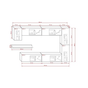 Ensemble de meubles de salon noir suspendus collection CEPTO 256cm, 7 portes, 6 étagères dont une murale, leds, modulables.