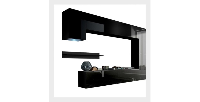 Ensemble de meubles de salon noir suspendus collection CEPTO 256cm, 7 portes, 6 étagères dont une murale, leds, modulables.