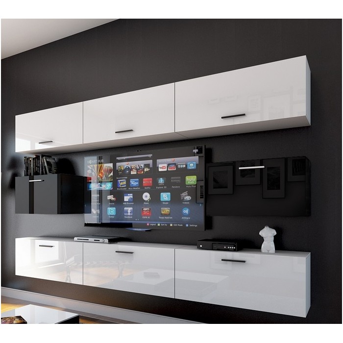Ensemble de meubles de salon blanc et noir suspendus collection CEPTO 249cm, 8 portes, modulables.