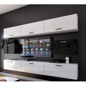 Ensemble de meubles de salon blanc et noir suspendus collection CEPTO 249cm, 8 portes, modulables.