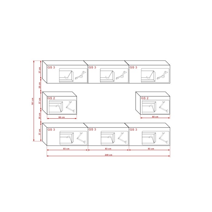 Ensemble de meubles de salon noir et blanc suspendus collection CEPTO 249cm, 8 portes, modulables. Milieu coloris blanc