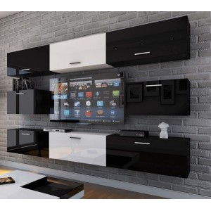 Ensemble de meubles de salon noir et blanc suspendus collection CEPTO 249cm, 8 portes, modulables. Milieu coloris blanc