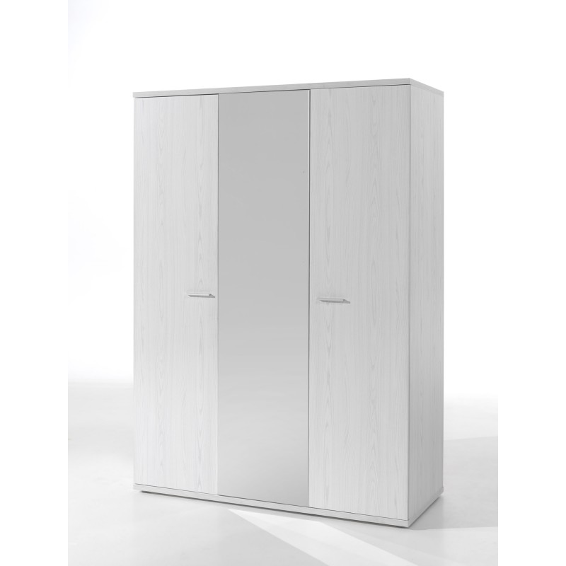 Armoire robuste avec miroir. 3 portes battantes 150cm collection OLVENA coloris blanc effet bois