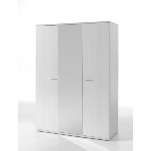 Armoire robuste avec miroir. 3 portes battantes 150cm collection OLVENA coloris blanc effet bois