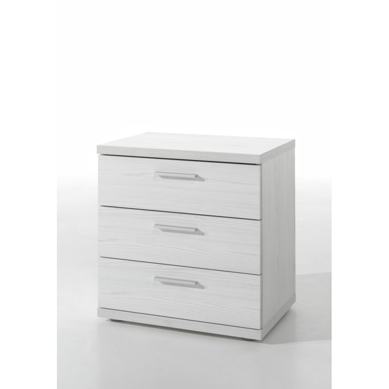 Table de chevet OLVENA – 3 tiroirs – Blanc effet bois