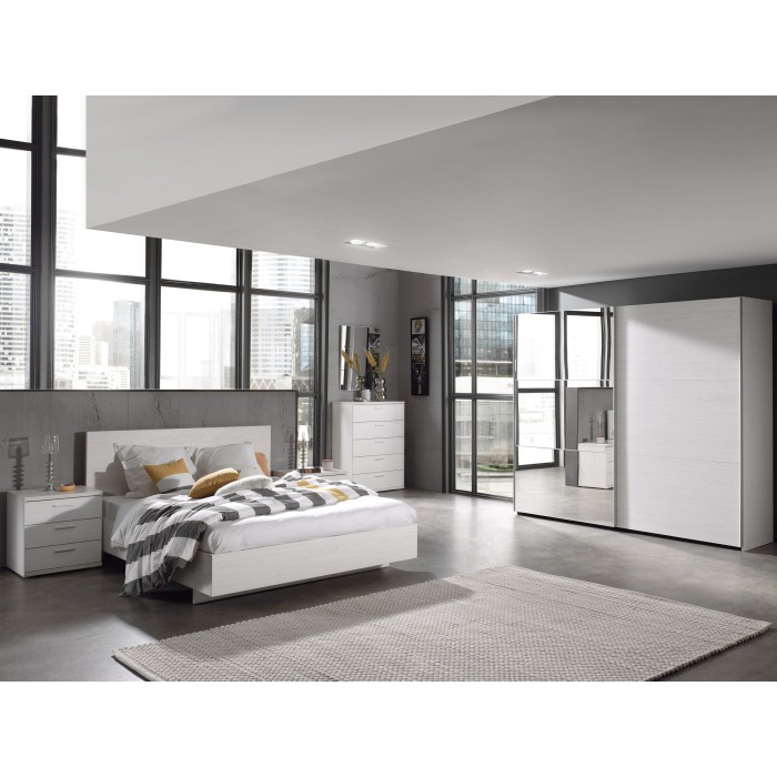 Armoire 200 cm pour chambre avec 2 portes coulissantes dont une avec miroir, collection OLVENA, blanc effet bois