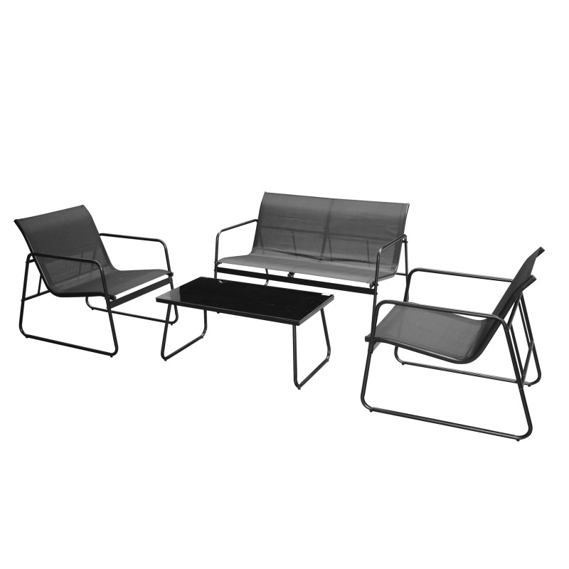 Salon de jardin complet noir avec table en verre : élégance et confort pour quatre personnes