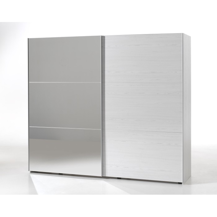 Armoire 250cm pour chambre à coucher avec 2 portes coulissantes dont une avec miroir collection OLVENA coloris blanc effet bois