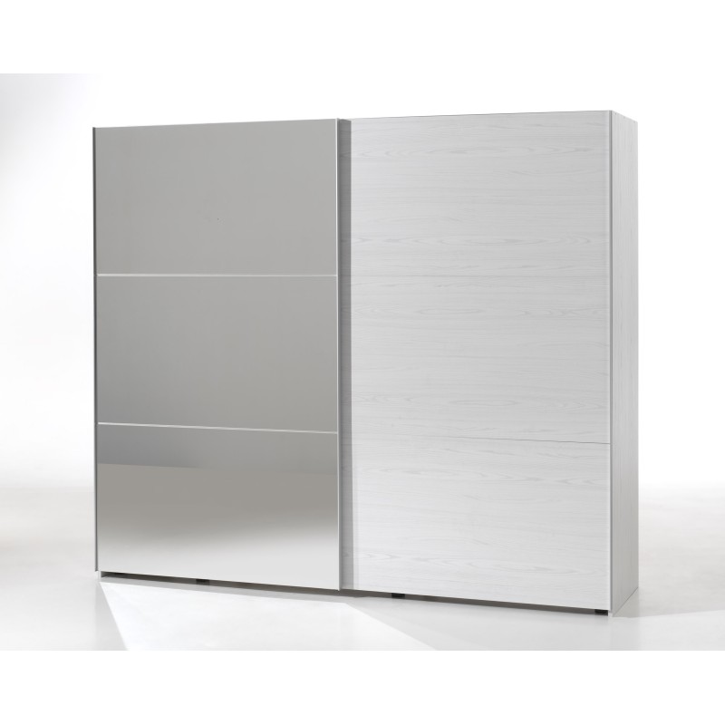 Armoire 250cm pour chambre à coucher avec 2 portes coulissantes dont une avec miroir collection OLVENA coloris blanc effet bois