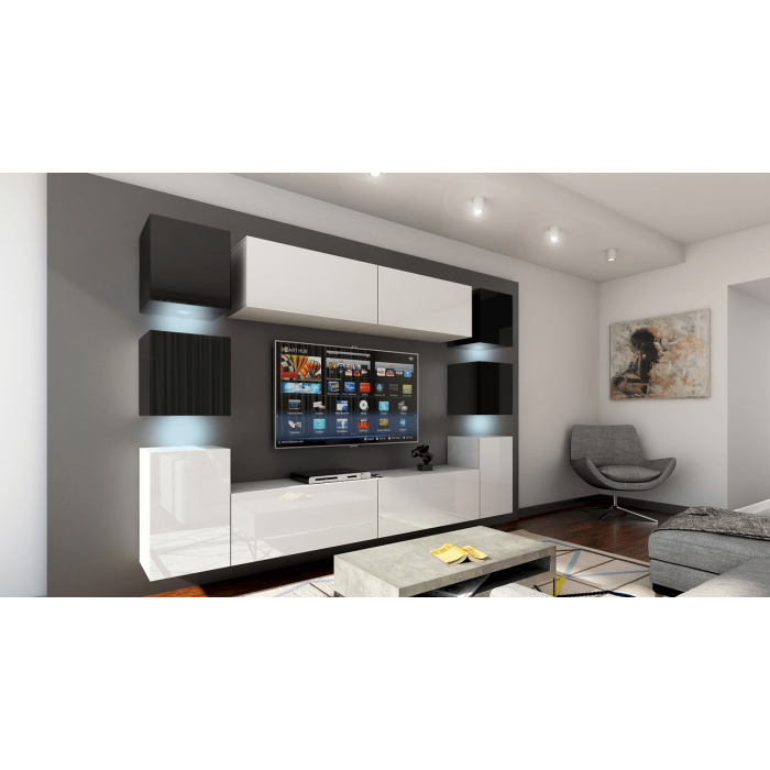 Ensemble de meubles de salon blanc et noir suspendus collection CEPTO. 256cm, 10 meubles, 10 portes, leds. Cube de couleur noir