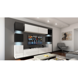 Ensemble de meubles de salon blanc et noir suspendus collection CEPTO. 256cm, 10 meubles, 10 portes, leds. Cube de couleur noir