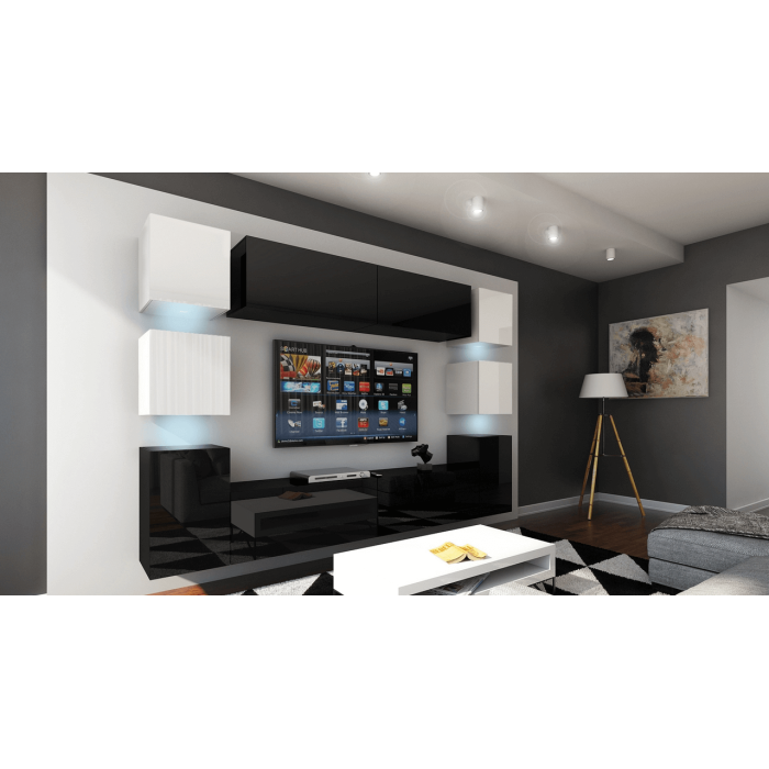 Ensemble de meubles de salon noir et blanc suspendus collection CEPTO. 256cm, 10 meubles, 10 portes, leds. Cube de couleur blanc