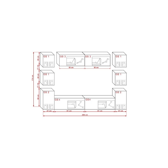 Ensemble de meubles de salon noir et blanc suspendus collection CEPTO. 256cm, 10 meubles, 10 portes, leds. Cube de couleur blanc