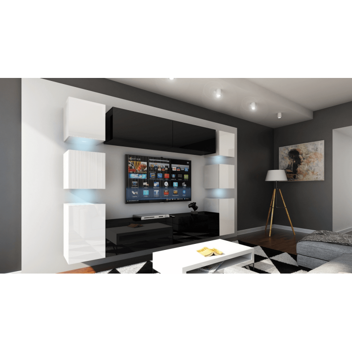 Ensemble meubles de salon suspendus milieu noir, côté blanc collection CEPTO. 256cm, 10 meubles, leds.