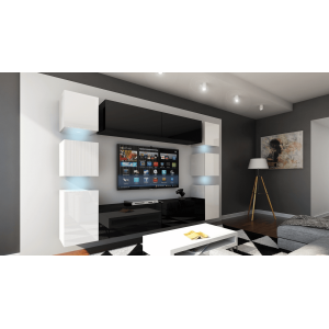Ensemble meubles de salon suspendus milieu noir, côté blanc collection CEPTO. 256cm, 10 meubles, leds.