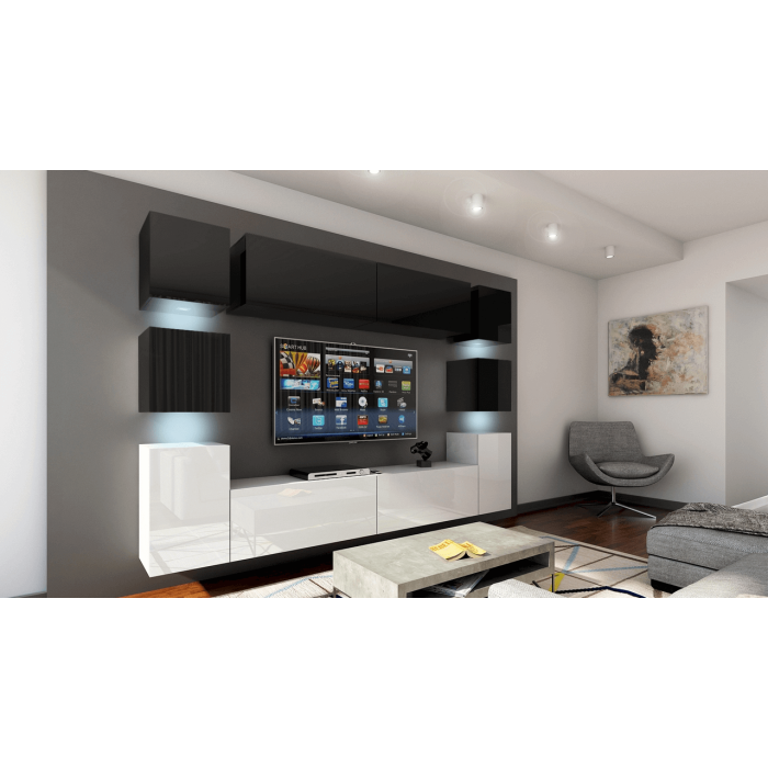 Ensemble meubles de salon suspendus haut noir, bas blanc collection CEPTO. 256cm, 10 meubles, leds.