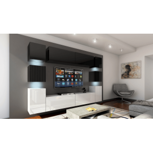 Ensemble meubles de salon suspendus haut noir, bas blanc collection CEPTO. 256cm, 10 meubles, leds.