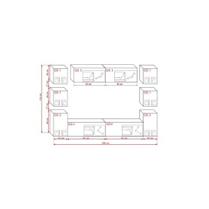 Ensemble meubles de salon suspendus bas noir, haut blanc collection CEPTO. 256cm, 10 meubles, leds.