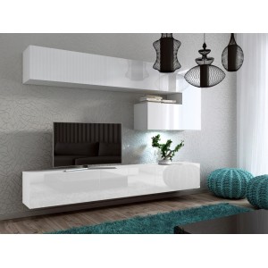 Ensemble meubles de salon suspendus blanc collection CEPTO. 249cm, 8 meubles, leds.