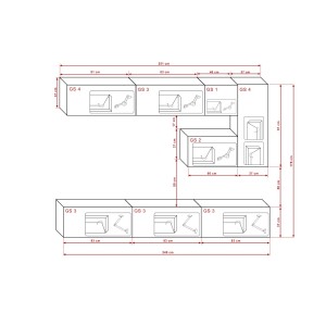 Ensemble meubles de salon suspendus blanc collection CEPTO. 249cm, 8 meubles, leds.