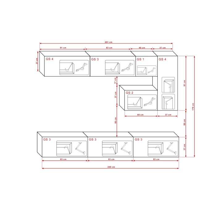 Ensemble meubles de salon suspendus blanc et noir collection CEPTO. 249cm, 8 meubles, leds.
