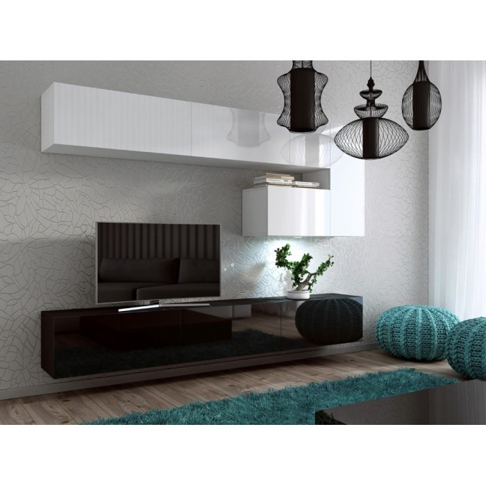 Ensemble meubles de salon suspendus blanc et noir collection CEPTO. 249cm, 8 meubles, leds.