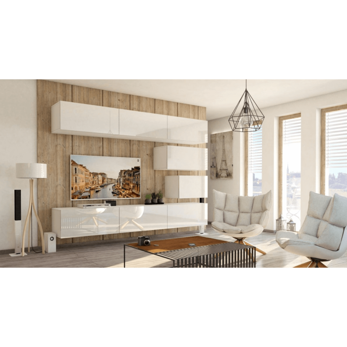 Ensemble de meubles de salon blanc suspendus collection CEPTO XVI 249cm, 8 meubles, modulables.
