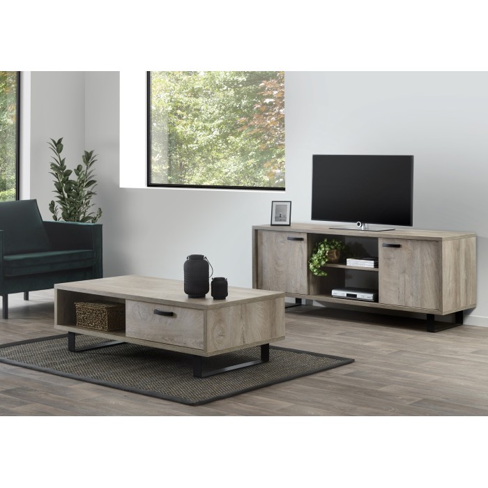 Meuble TV NEWTON – Chêne clair avec 2 portes, 2 tiroirs et niches – L170 x H68 x P50 cm