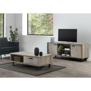 Meuble TV NEWTON – Chêne clair avec 2 portes, 2 tiroirs et niches – L170 x H68 x P50 cm