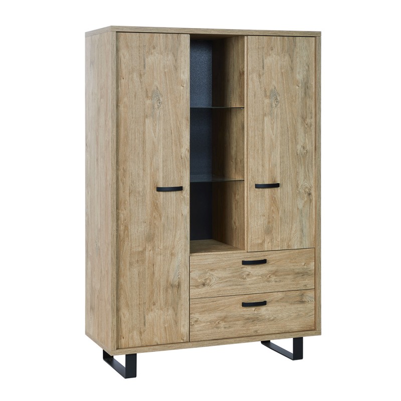 Meuble de rangement XL NEWTON – 2 portes, 2 tiroirs et 3 niches – Chêne doré – L120 x H180 x P50 cm
