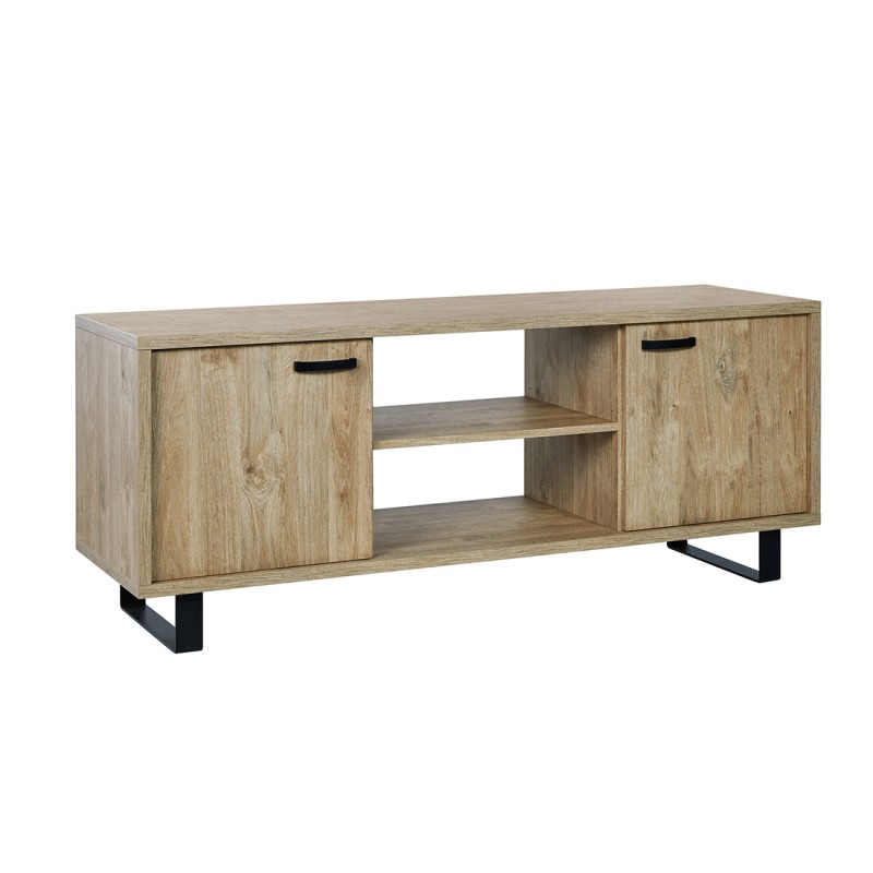 Meuble TV NEWTON – Chêne doré avec 2 portes, 2 tiroirs et niches – L170 x H68 x P50 cm