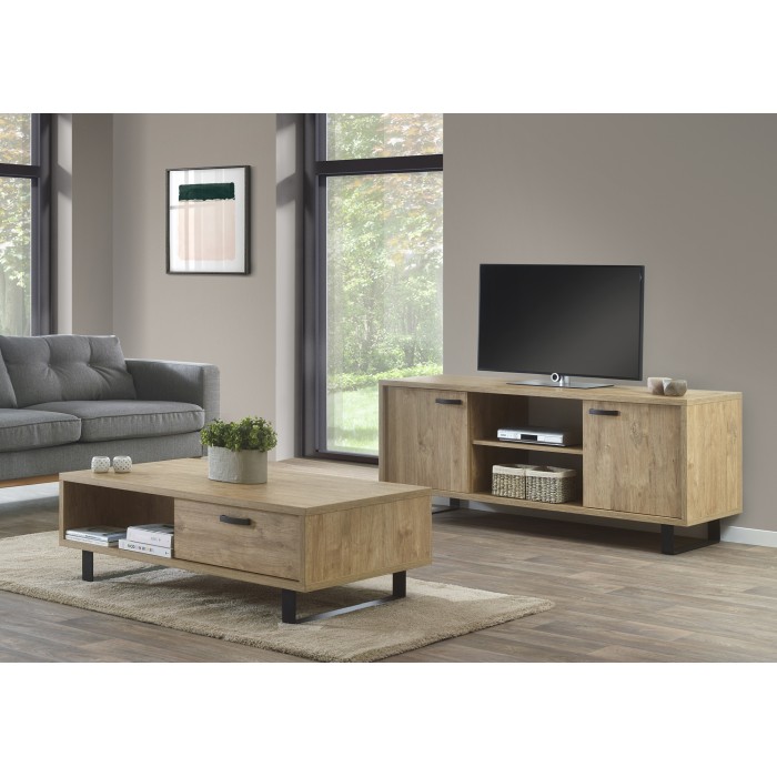 Meuble TV NEWTON – Chêne doré avec 2 portes, 2 tiroirs et niches – L170 x H68 x P50 cm